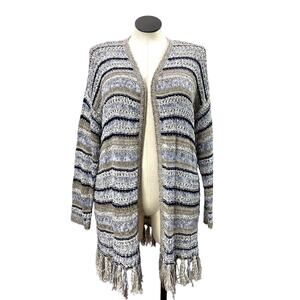 Chicos Size 3 US XL Cardigan Sweater Open Knit Fringe Blue Cream Boho Cottage